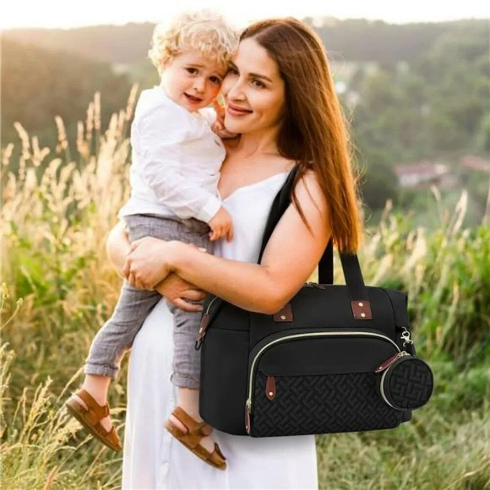 Black Diaper Bag Tote with Pacifier Case Insulated Pockets Travel Baby Hospital